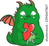 Green cute dragon with big red heart in its paws. Kawaii. Animal of 2024 new year. Clipart. Vector illustration.