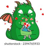 Green cute dragon and blue envelope with hearts in its paws. Kawaii. Animal of 2024 new year. Isolated cartoon element for Valentine