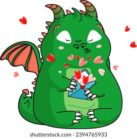 Green cute dragon and blue envelope with hearts in its paws. Kawaii. Animal of 2024 new year. Isolated cartoon element for Valentine's day. Clipart. Vector illustration.