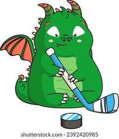 Green cute dragon with hockey stick and puck. Kawaii. Animal of 2024 new year. Clipart. Vector illustration.