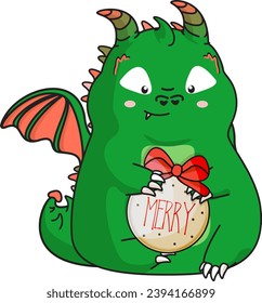 Green cute dragon with present. Kawaii. Animal of 2024 new year. Clipart. Vector illustration.