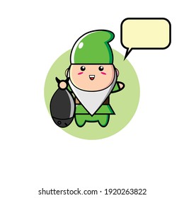 Green cute dwarf illustration design carrying fish