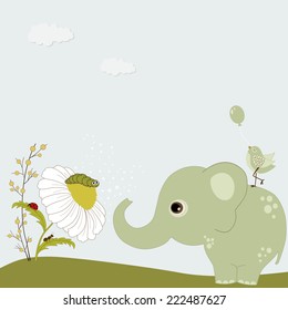 Green cute elephant with chamomile and insects