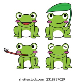 green cute frog illustration set
