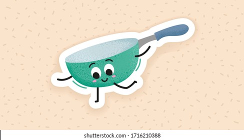 Green cute frying pan balancing on one leg. Happy wok pan vector illustration isolated on white background. Kawaii kitchenware sticker for children.