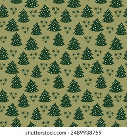Green Cute Hand drawn Retro Seamless pattern with Christmas Trees or Pine Tree Forest for Textile Designs or Wallpapers