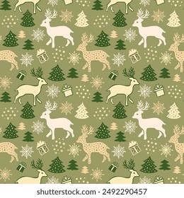 Verde lindo dibujado a mano retro sin costuras con Navidades animales de ciervo y pinos para Diseños textiles o Fondos de pantalla