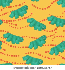 green cute happy Tardigrade, water bears or moss piglets vector repeat seamless pattern on yellow background