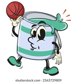 green cute isolated cartoon paint can character mascot playing basketball, work of hand drawn