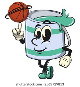 green cute isolated cartoon paint can character mascot spin the basketball with the index finger, work of hand drawn