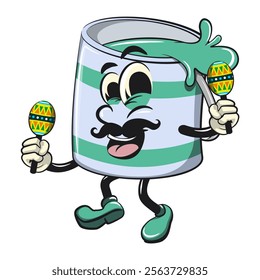 green cute isolated cartoon paint can character mascot with moustache playing maracas, work of hand drawn