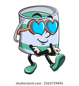 green cute isolated cartoon paint can character mascot wearing heart shaped beach sunglasses, work of hand drawn