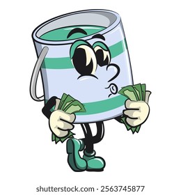 green cute isolated cartoon paint can character mascot carrying money while whistling, work of hand drawn