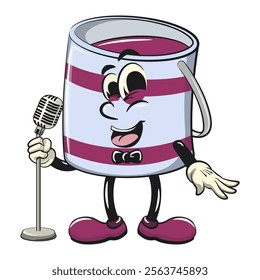 green cute isolated cartoon paint can character mascot on front of the mic become a stand up comedian, work of hand drawn