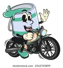 green cute isolated cartoon paint can character mascot riding a big motorcycle, work of hand drawn