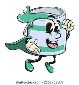 green cute isolated cartoon paint can character mascot as flying superhero wearing a robe, work of hand drawn