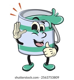 green cute isolated cartoon paint can character mascot wave your hand and give a thumbs up sign, work of hand drawn