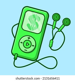 Green Cute Kawaii Music Player With Dollar Logo Cartoon Vector Illustration