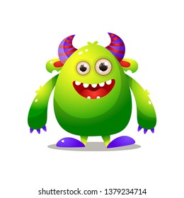 Green cute monster with violet horn and big hands