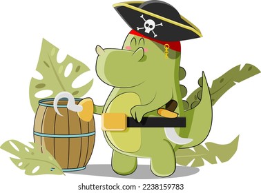 Green cute pirate dinosaur looking for treasure on a deserted island