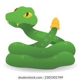 Green and cute rattlesnake with golden rattle, in gradient style on white background.