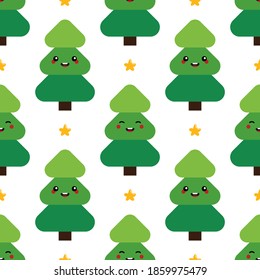 Green cute smiling christmas tree characters and stars seamless pattern background for Christmas design.
