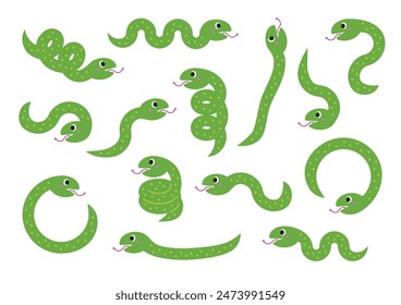 Green cute snake characters. Vector illustration. A set of various poses. White background.