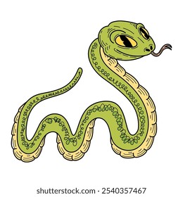 Serpiente linda verde dibujada a mano plana. Animal peligroso con cuerpo largo y retorcido. Víbora, pitón, anaconda, serpiente de cascabel. Criatura venenosa. Vector ilustración de dibujos animados.