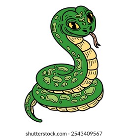 Serpiente linda verde dibujada a mano plana. Animal peligroso con cuerpo largo y retorcido. Víbora, pitón, anaconda, serpiente de cascabel. Criatura venenosa. Vector ilustración de dibujos animados.