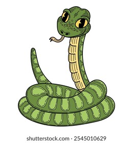 Serpiente linda verde dibujada a mano plana. Animal peligroso con cuerpo largo y retorcido. Víbora, pitón, anaconda, serpiente de cascabel. Criatura venenosa. Vector ilustración de dibujos animados.