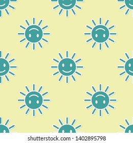 Green Cute sun with smile icon isolated seamless pattern on yellow background. Funny smiling sun. Happy sunny smile. Vector Illustration