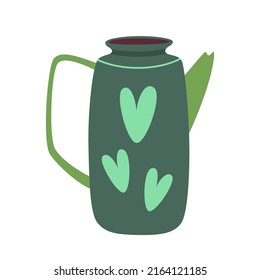 Green cute teapot or coffee kettle with hearts isolated on white background. Flat vector cartoon illustration, clipart.