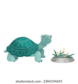 Green cute tortoise with food bowl. Vector cartoon illustration. 