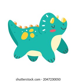 Green cute triceratops dinosaur in cartoon style. Animal character childrens illustration. Vector illustration isolated on white background.