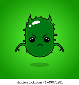 Green and cute virus cartoon character emoticon. evil monster icon.