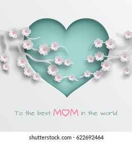 Green cuted heart decorated branch of cherry flowers on white background for mother's day or women’s day greeting card, paper cut out art style. Vector illustration, layers are isolated