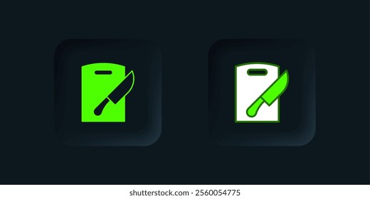 Green Cutting board and knife icon isolated on black background. Chopping Board symbol. Cutlery symbol. Black square button. Vector