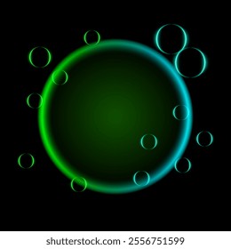 Green and cyan neon gradient effect. A circular glowing design transitioning between bright green and cyan, with translucent orbs, ideal for futuristic, abstract, or natural-themed visuals