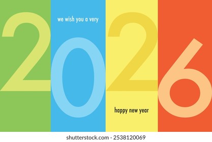 verde ciano amarelo e vermelho quadrado com número 2026, feliz ano novo 2026 texto fundo modelo de design, feliz ano novo 2026 ilustração vetor isolado no fundo branco.