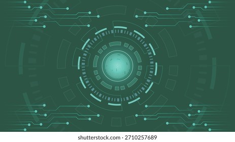 Fondo de seguridad cibernética verde con un escaneo de huellas dactilares brillante con círculos digitales y líneas de circuito ideales para la privacidad de la tecnología, la autenticación biométrica, la seguridad de los datos y los temas tecnológicos modernos