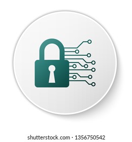 Green Cyber security icon isolated on white background. Closed padlock on digital circuit board. Safety concept. Digital data protection. White circle button. Vector Illustration