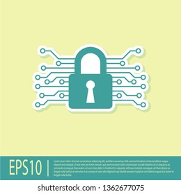 Green Cyber security icon isolated on yellow background. Closed padlock on digital circuit board. Safety concept. Digital data protection. Vector Illustration