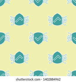 Green Cyber security icon isolated seamless pattern on yellow background. Shield with check mark sign. Safety concept. Digital data protection. Vector Illustration