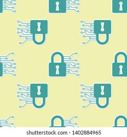 Green Cyber security icon isolated seamless pattern on yellow background. Closed padlock on digital circuit board. Safety concept. Digital data protection. Vector Illustration