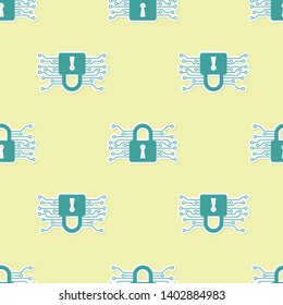 Green Cyber security icon isolated seamless pattern on yellow background. Closed padlock on digital circuit board. Safety concept. Digital data protection. Vector Illustration