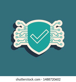 Green Cyber security icon isolated on blue background. Shield with check mark sign. Safety concept. Digital data protection. Long shadow style. Vector Illustration