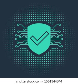 Green Cyber security icon isolated on blue background. Shield with check mark sign. Safety concept. Digital data protection. Abstract circle random dots. Vector Illustration