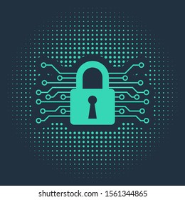 Green Cyber security icon isolated on blue background. Closed padlock on digital circuit board. Safety concept. Digital data protection. Abstract circle random dots. Vector Illustration