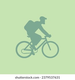 Green cyclist silhouette on light background. Man rides bike with cap, showing active lifestyle and outdoor enjoyment.