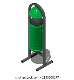 Green cylindrical street garbage bin with lid, isometric vector illustration on white background with shadow
